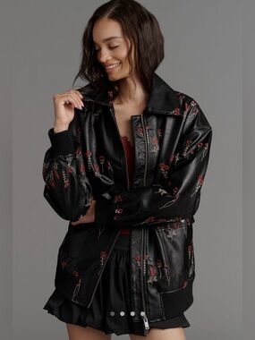 ❌SOLD❌ Maeve faux leather floral embroidered bomber jacket